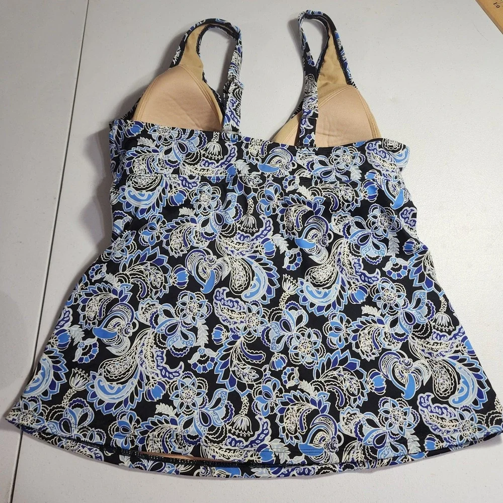 LL Bean Blue Paisley Tankini Swim Top UPF 50+‎ Size 14 pad bra adjustable straps